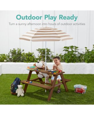 Kids Wooden Picnic Table, Outdoor Activity Table w/ Adjustable Umbrella, Seats