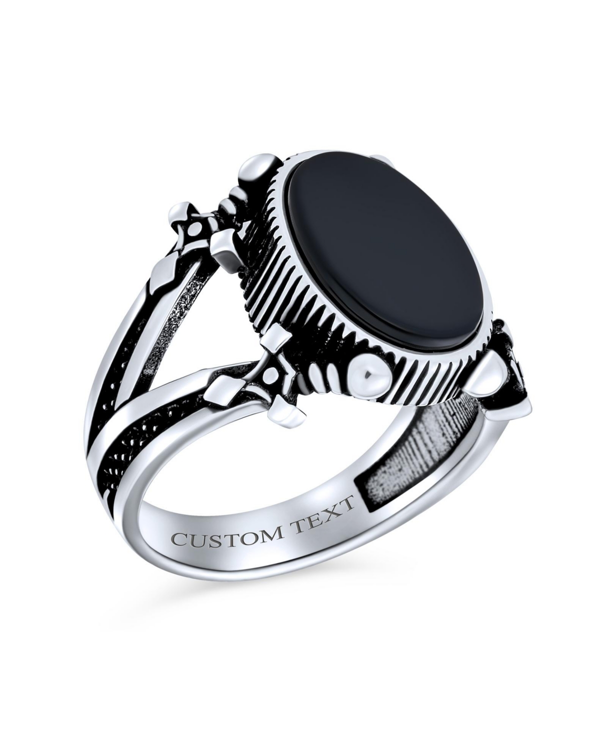 Bling Jewelry Unisex Urban Biker Large Statement Oval Flat Natural Black Onyx Signet Double Sword Ring For Men Oxidized .925 Sterling Silver - Silver