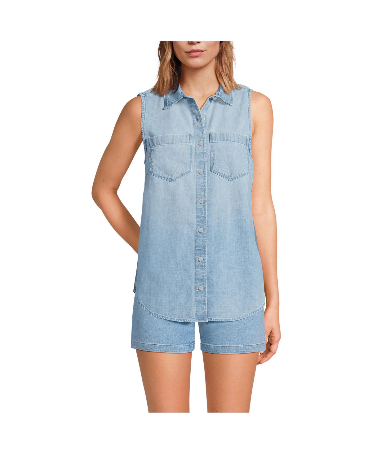 Women's Sleeveless Denim Button Front Shirt - Light wash indigo