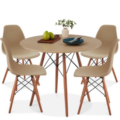 5-Piece Compact Mid-Century Modern Dining Set w/ 4 Chairs, Wooden Legs