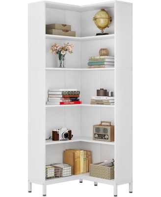 71-Inch 6-Tier L-Shaped Industrial Corner Bookcase with Back Panel Freestanding Wooden Storage Display Rack