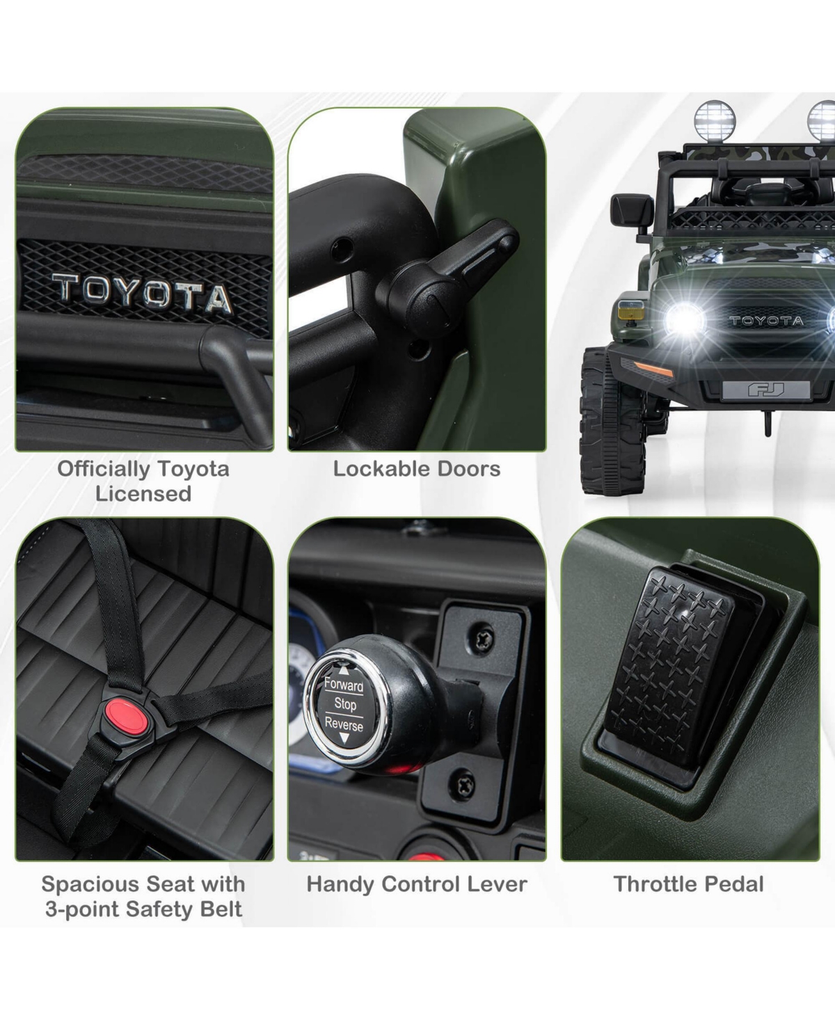 Gymax Licensed Toyota Fj Toddler Ride on Car 12V Battery Powered Kids Truck Camo - Dark green+black