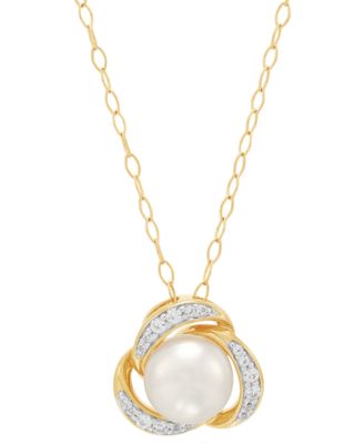 2-Pc. Set Cultured Freshwater Button Pearl (7 & 8mm) & Lab Created White Sapphire (3/8 ct. t.w.) Love Knot Pendant Necklace & Matching Stud Earrings in 14k Gold-Plated Sterling Silver