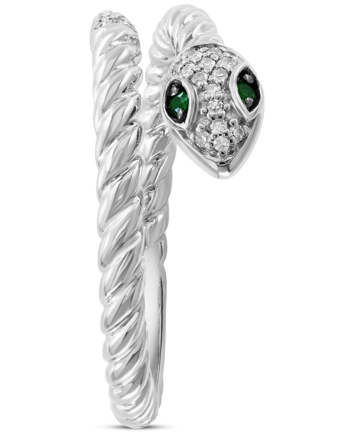 Effy Collection Effy Diamond (1/10 Ct. T.w.) & Tsavorite Accent Snake Ring In Sterling Silver In Sterling Silver