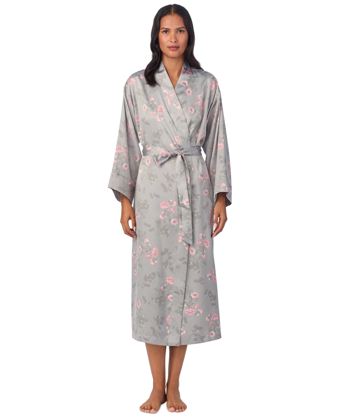 Ralph Lauren Women's Floral Satin Kimono Robe In Grey Print