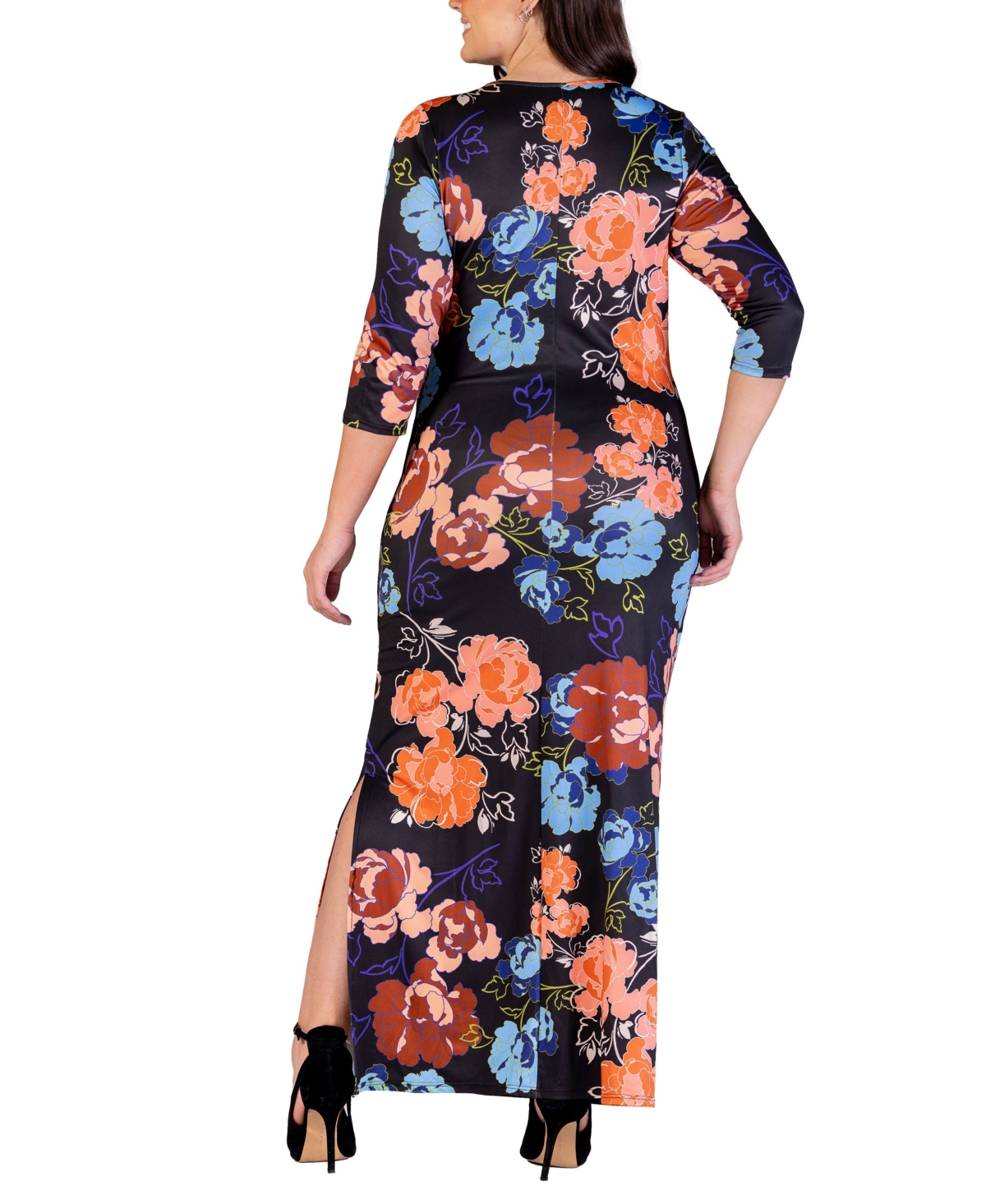 24seven Comfort Apparel Plus Size Printed Maxi Dress In Navy Multi