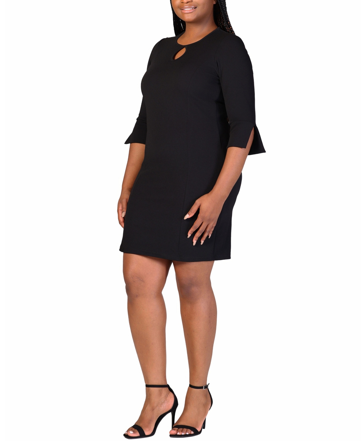 24seven Comfort Apparel Plus Size Three Quarter Sleeve Ruched Tulip Hem Mini Dress In Black