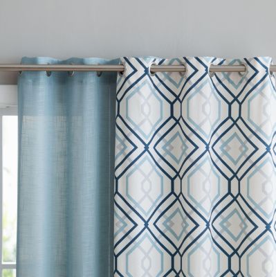 Coordinating 4 Piece Geometric & Solid Curtain Set - 38 in. W x 96 in. L, Aqua