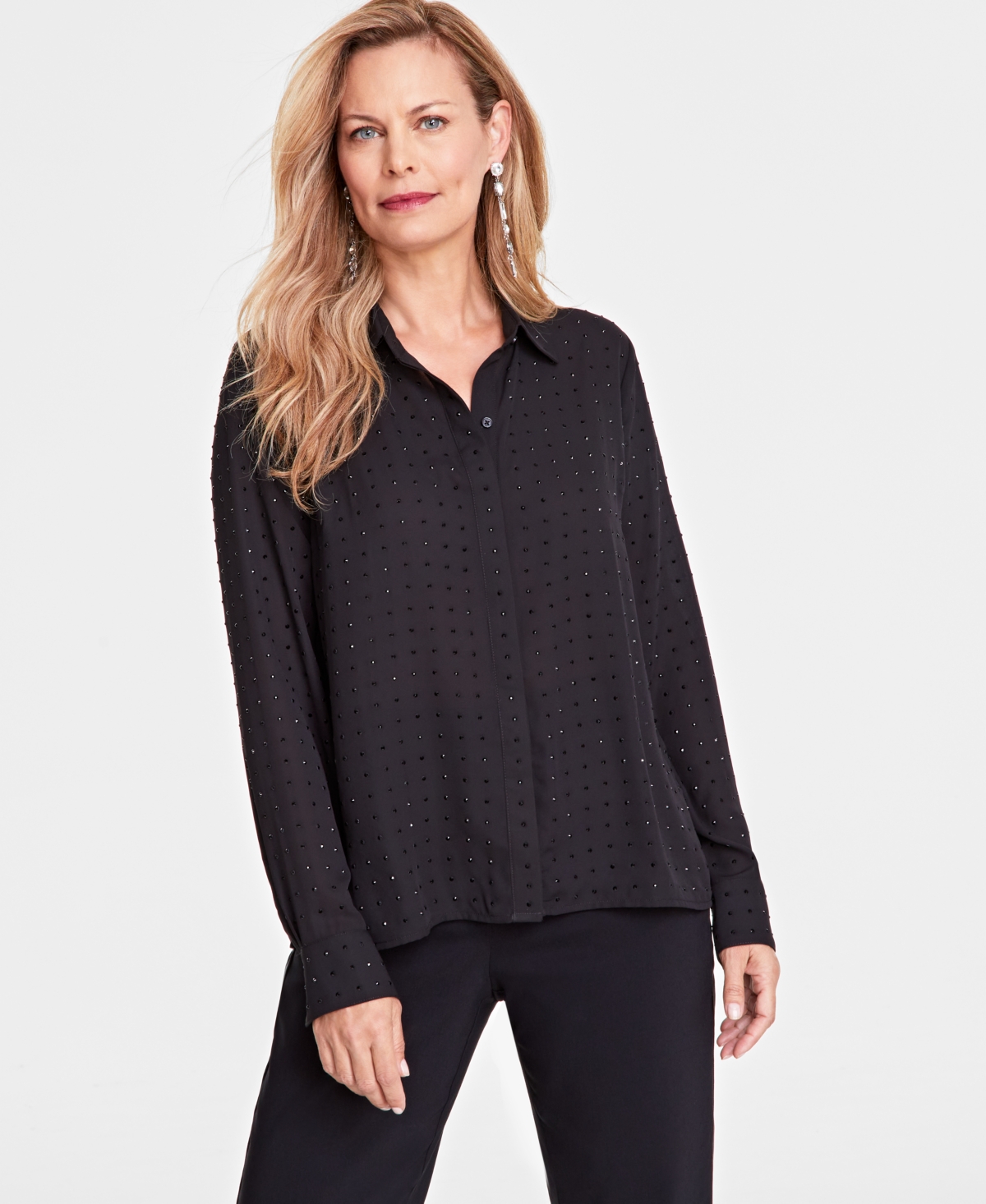 INC INTERNATIONAL CONCEPTS WOMEN'S RHINESTONE BUTTON-FRONT BLOUSE, CREATED FOR MACY'S 
