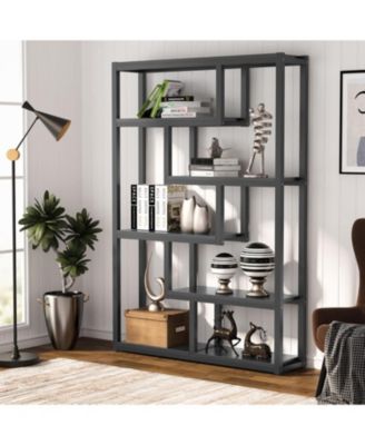 6-Shelf Industrial 69-Inch Tall Bookshelf with Staggered Display Shelves and Metal Frame Etagere Bookcase for Home Office