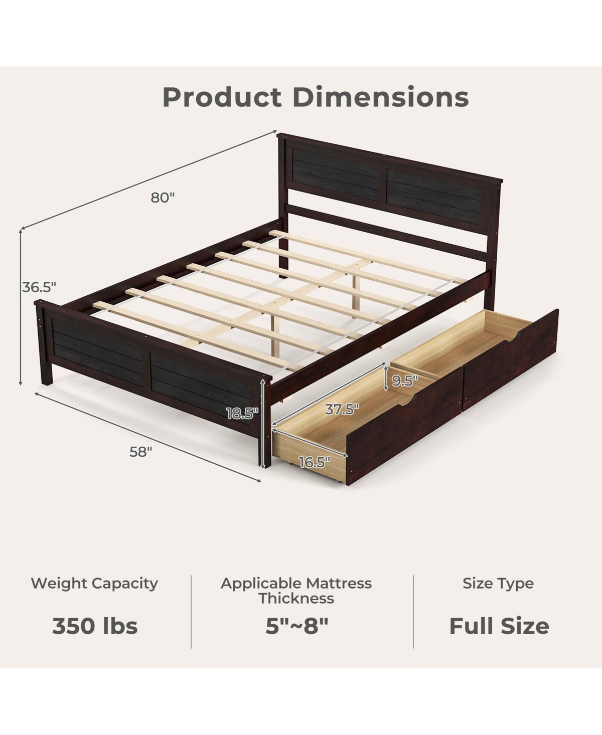 Gymax Full Bed Frame with 2 Storage Drawers & Under-bed Storage Espresso - Dark brown+natural