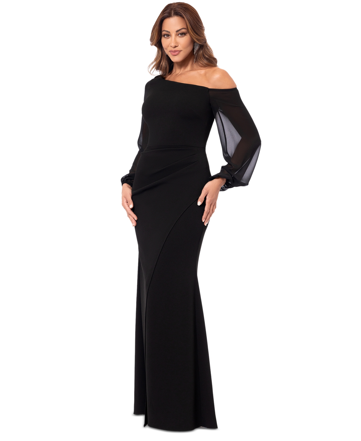 Betsy & Adam Petite One-shoulder Sheer-sleeve Evening Gown In Black