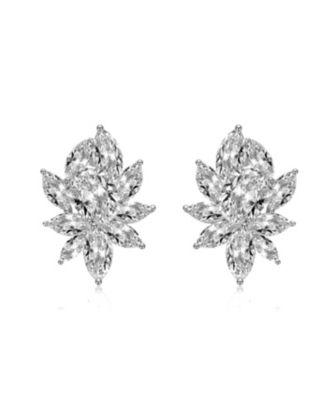 Sterling Silver with Clear Cubic Zirconia Corsage Flower Cluster Stud Earrings in White Gold Plated and 14k Gold plated