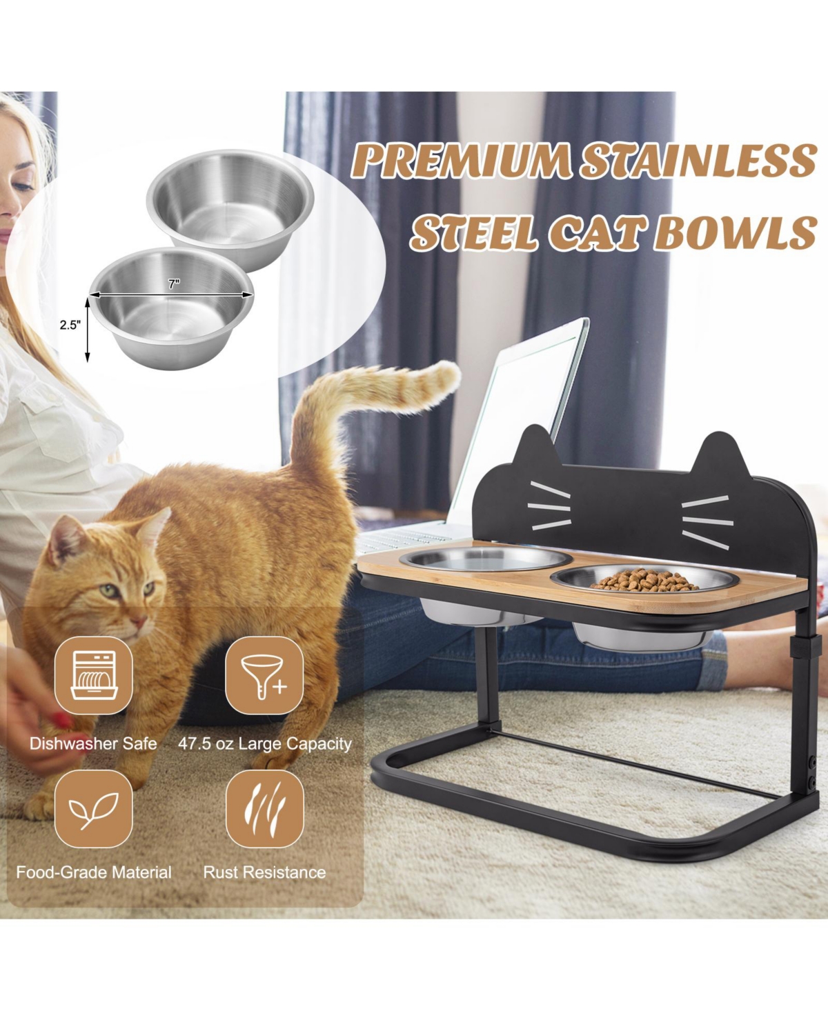 Sugift Elevated Pet Feeder with 2 Stainless Steel Bowls for Cats and and Dogs