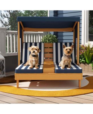Kids Double Chaise Lounge Patio Lounge Chair with Cup Holders & Awning