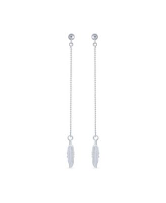 Boho Minimalist Long Thin Linear Beaded Ball Chain Feather Leaf Dangle Earrings Western Jewelry .925 Sterling Silver