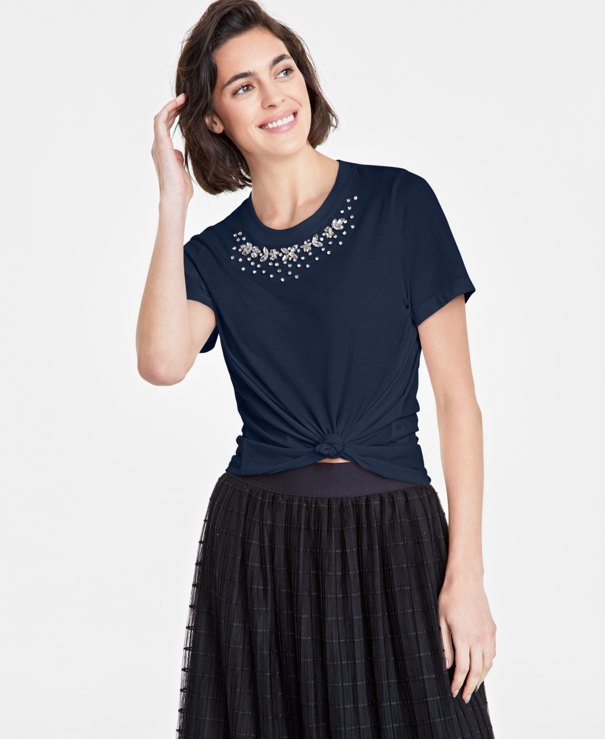 On 34th Women's Embellished-neck T-shirt, Created For Macy's In Intrepid B