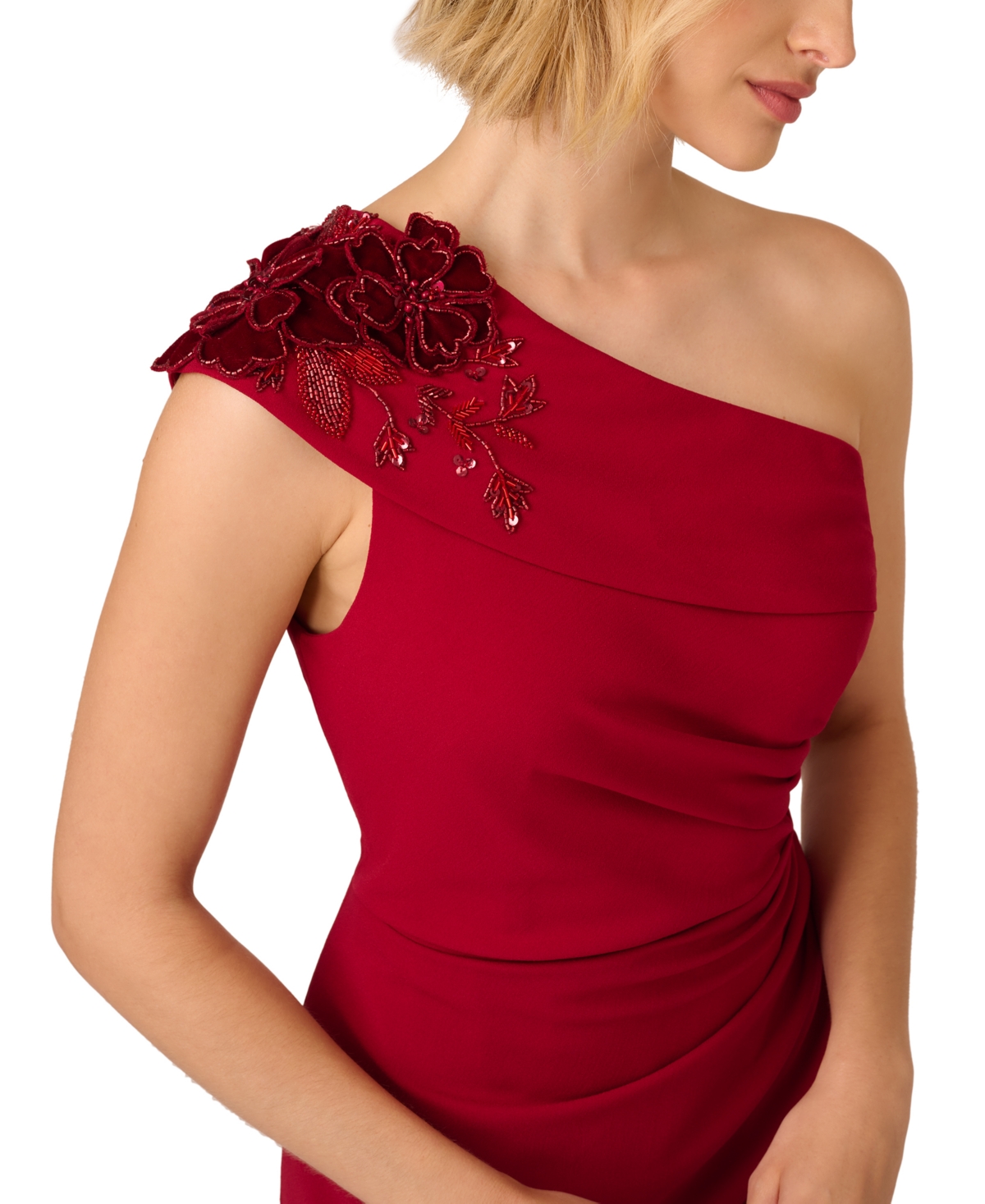 Adrianna Papell Petite Beaded-Shoulder Ruched-Side Dress