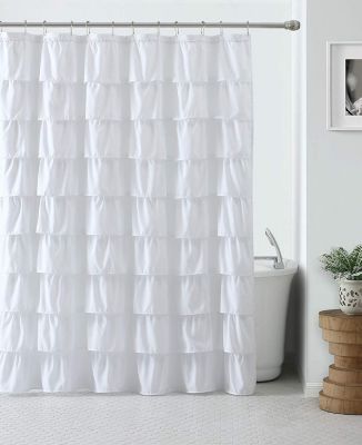Shabby Chic Style White Crushed Ruffle Fabric Shower Curtain - Standard Size