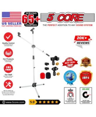 Mic Stand Collapsible Height Adjustable 31 to 59” Dual Metal Microphone Tripod Stand w Boom Arm Stand Para Microfono for Singing, Karaoke, Stage and Outdoor Activities White - MS DBL G WH