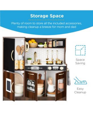 Pretend Play Kitchen Wooden Toy Set for Kids w/ Telephone, Utensils, Oven, Microwave