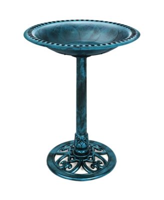 Outdoor Rustic Pedestal Bird Bath with Fleur-de-Lis Accents for Garden or Yard