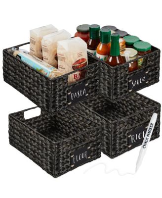 Set of 4 12in Woven Water Hyacinth Pantry Baskets w/ Chalkboard Label, Chalk Marker