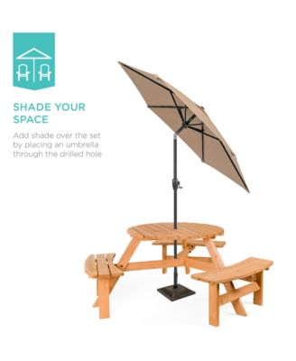 6-Person Circular Outdoor Wooden Picnic Table w/ 3 Built-In Benches, Umbrella Hole