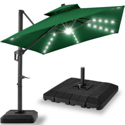 10x10ft 2-Tier Square Outdoor Solar LED Cantilever Patio Umbrella w/ Base Included