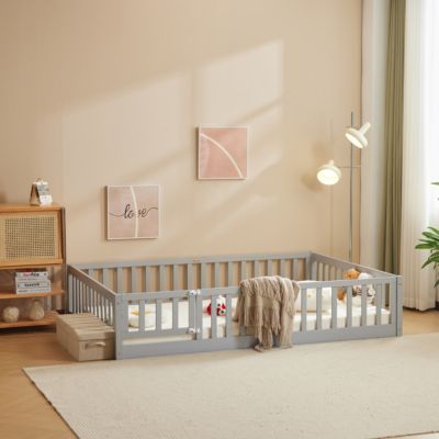 Grey Painted Pine Full Fence Bed with Door and Board for Kids