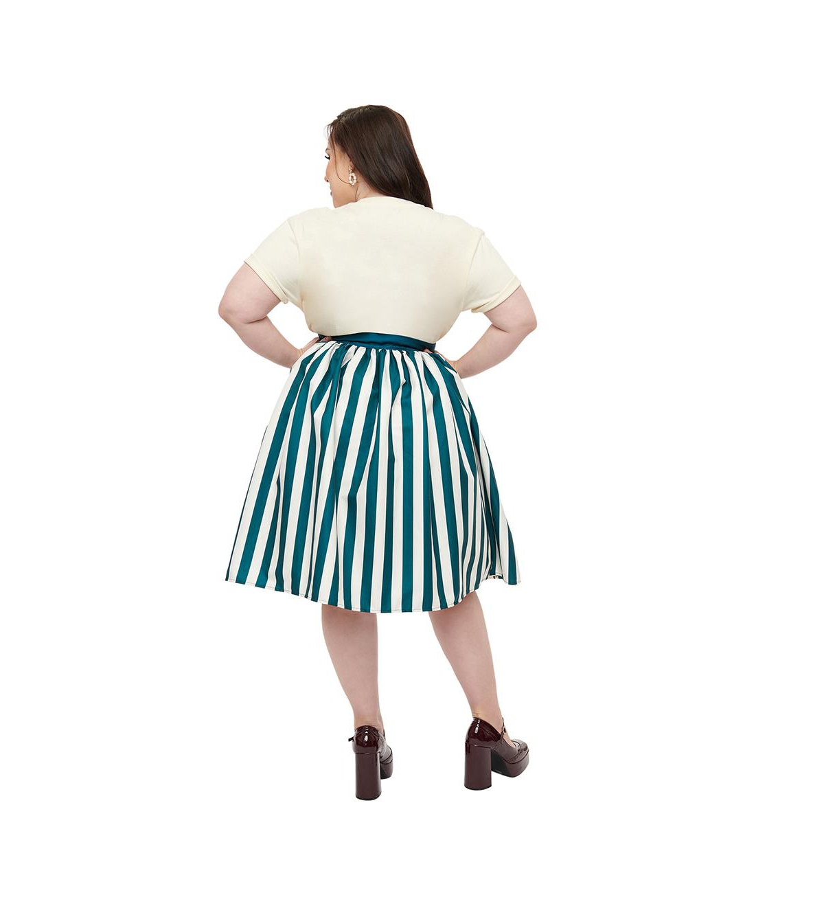 Unique Vintage Plus Size Printed Woven Gellar Swing Skirt -white stripes