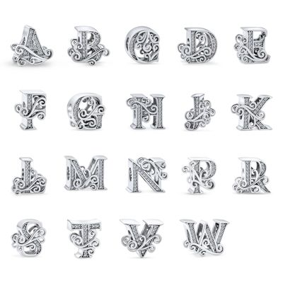 Initial Alphabet Bead Charm Fancy Scroll CZ Sparkle Block Letter A-Z for Bracelet
