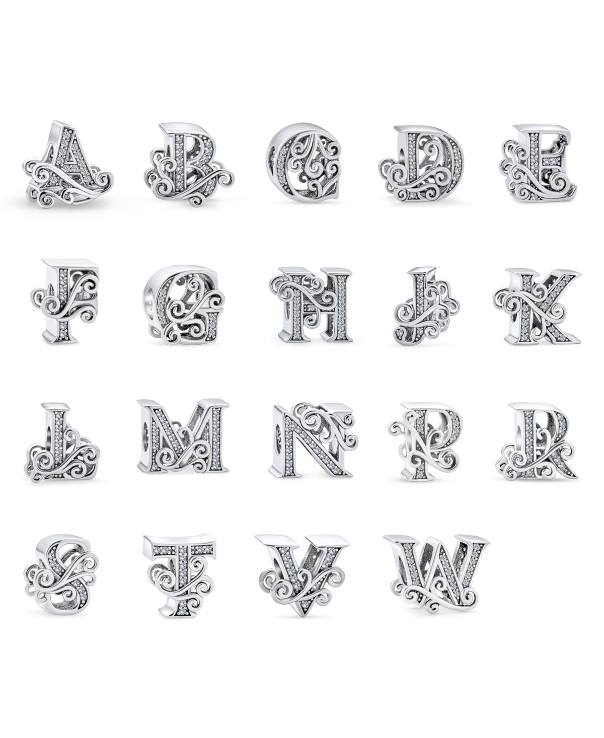 Bling Jewelry Fancy Scroll Cz Sparkle Block Letter A-z Alphabet Initial Charm Bead For Women Shiny .925 Sterling Silver For European Bracelet - Silver