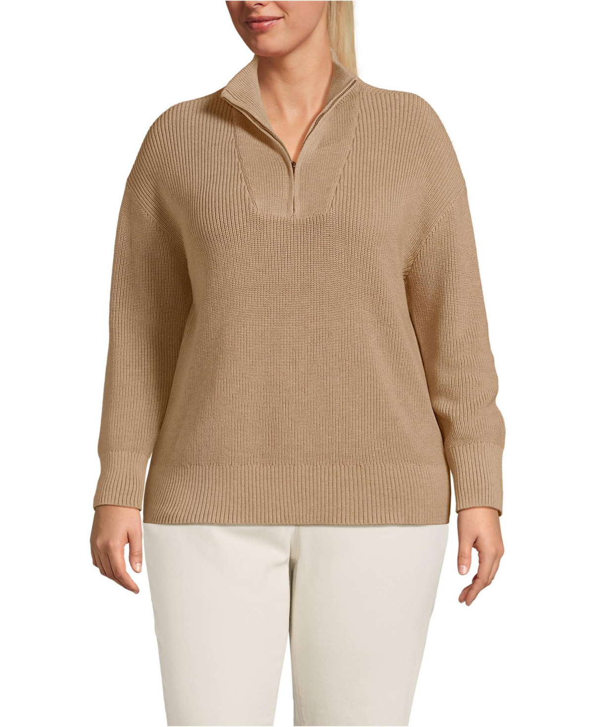 Women's Plus Size Drifter Cotton Quarter Zip Pullover Sweater - Ivory/navy stripe