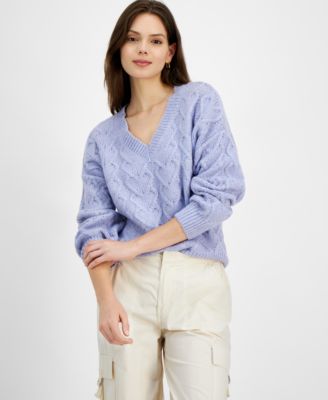 Hippie Rose - Juniors' Heart Cable-Knit V-Neck Sweater
