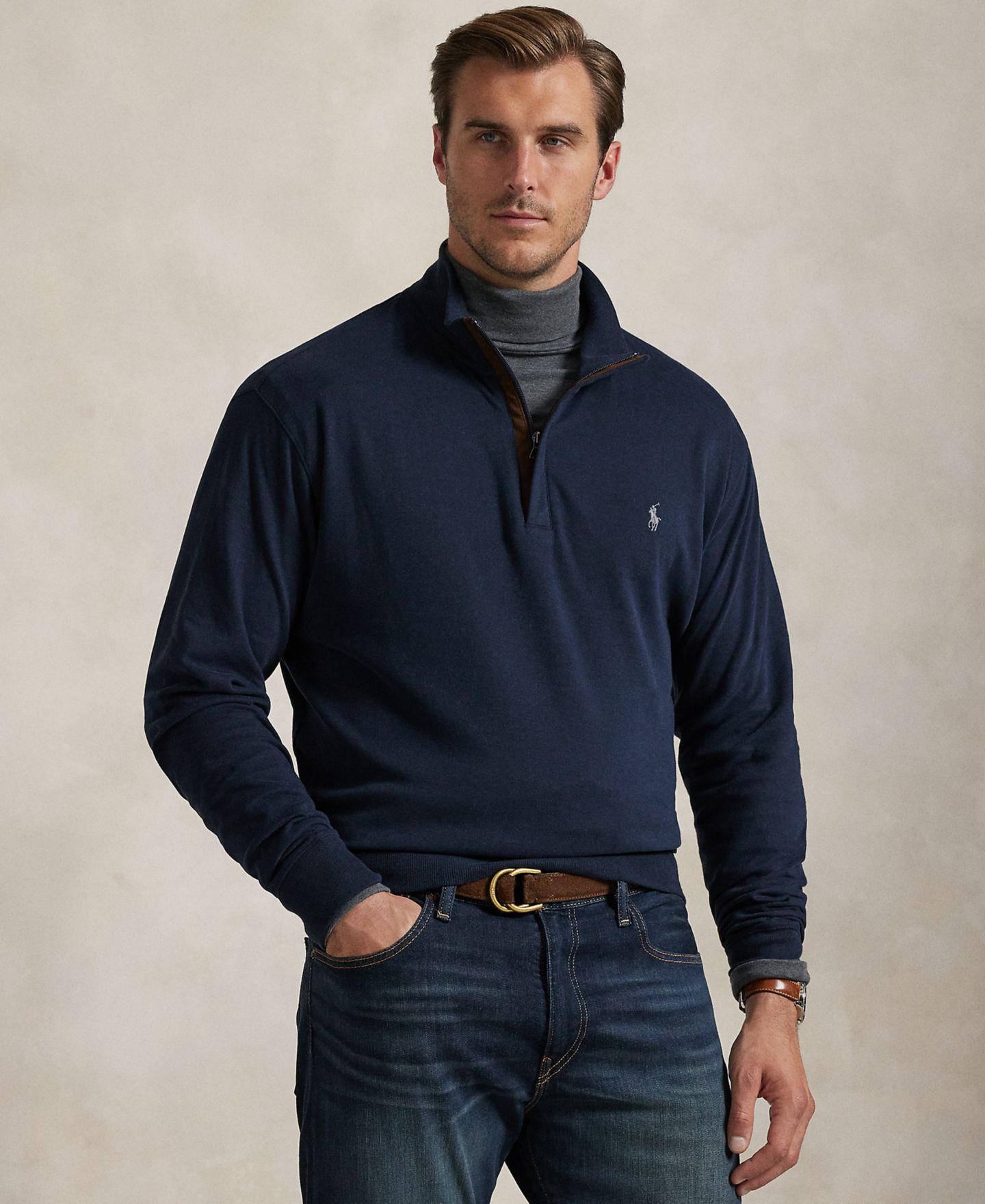 Мужской свитер Polo Ralph Lauren Big & Tall Luxury Jersey Quarter-Zip Pullover, цвет: Тёмно-синий — фото 1