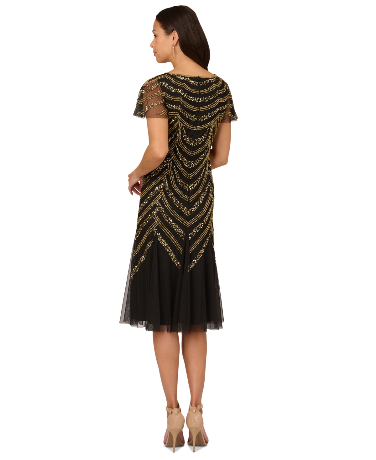 Adrianna Papell Women's V-Neck Beaded Mesh Midi Dress -Gold
