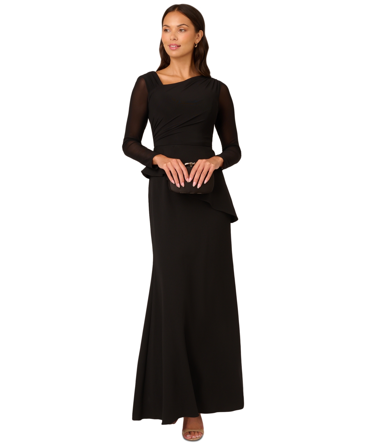 ADRIANNA PAPELL WOMEN'S MESH-LONG-SLEEVE CREPE GOWN 