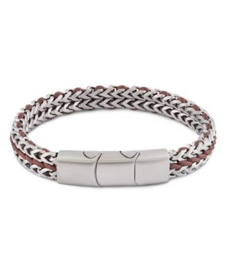 Silver Brown Cord with Chain Stainless Steel Bracelet