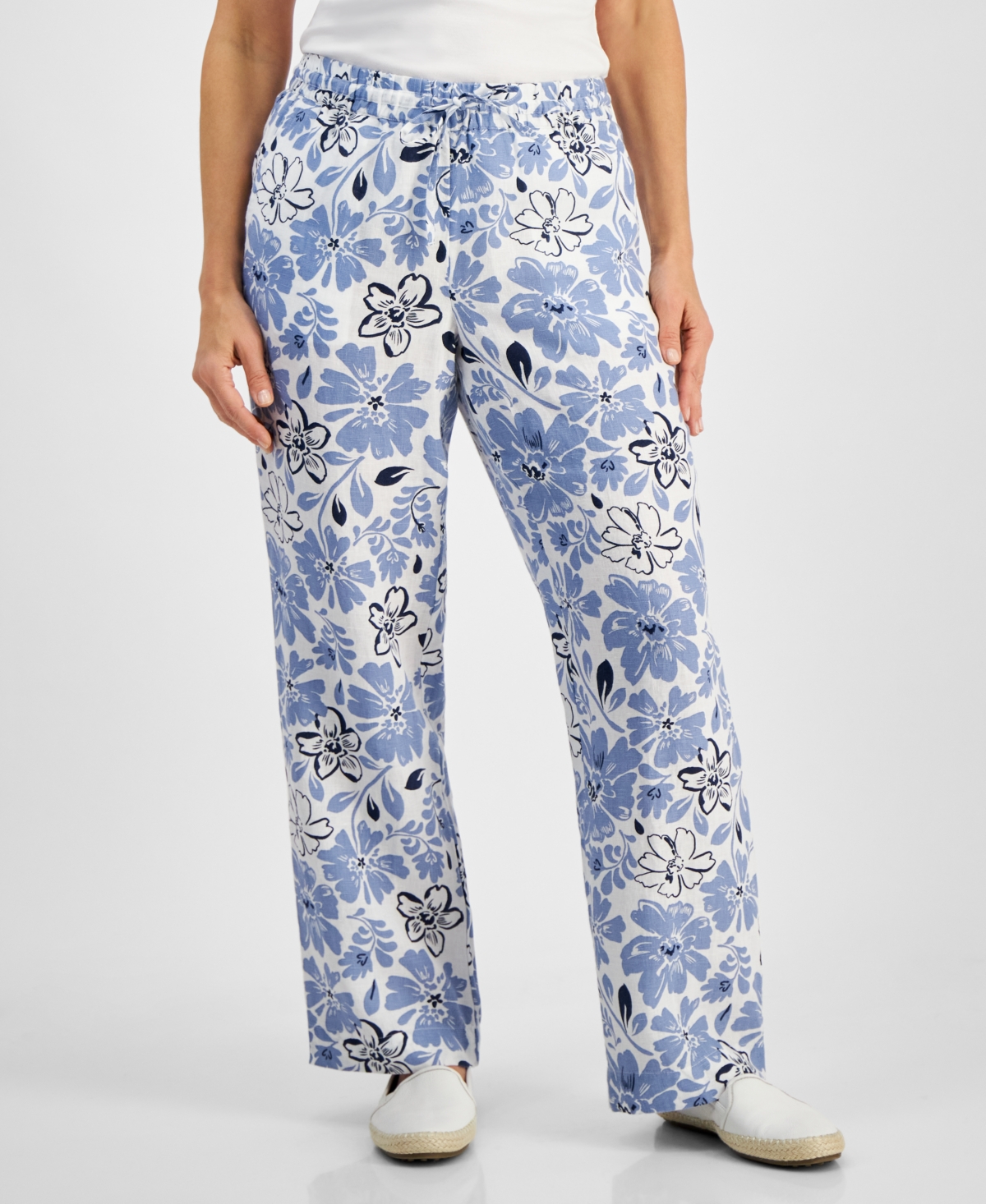 Charter Club Petite Printed Linen Tie-Waist Pants, Created for Macy's