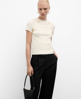 Women's Buttons Detail Short-Sleeved Ribbed Sweater