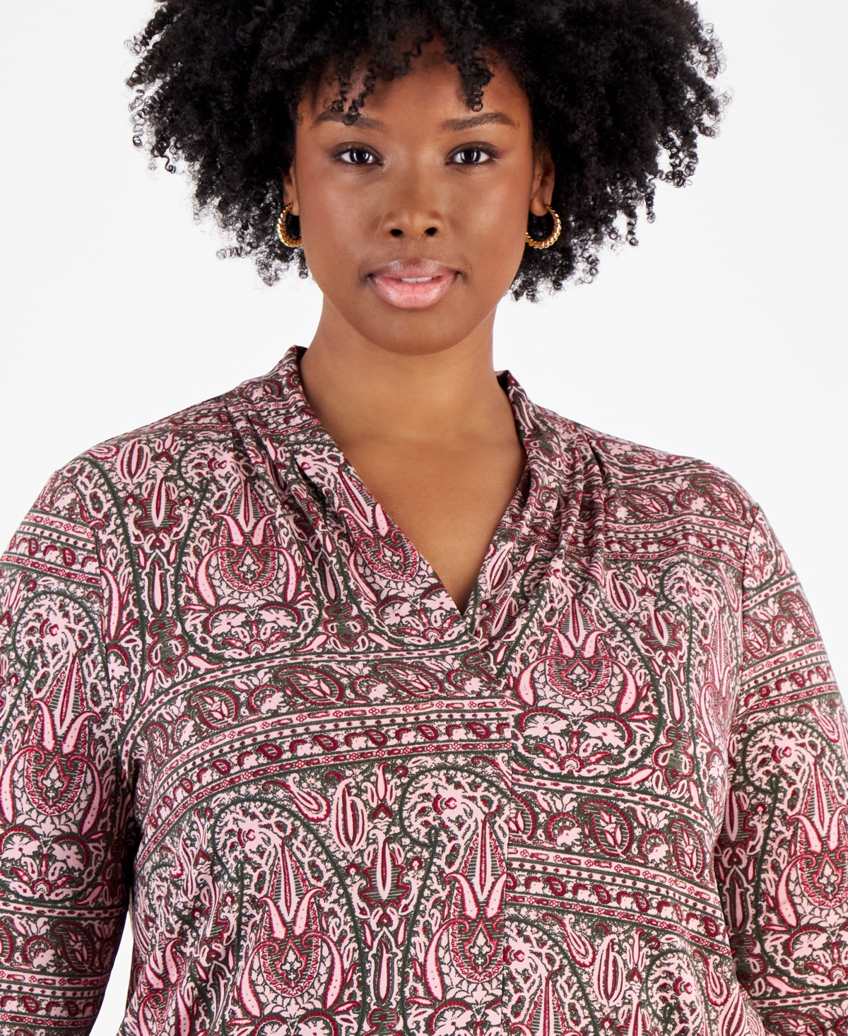 JM COLLECTION PLUS SIZE PAISLEY-PRINT 3/4-SLEEVE V-NECK TOP, EXCLUSIVELY AT MACY'S 