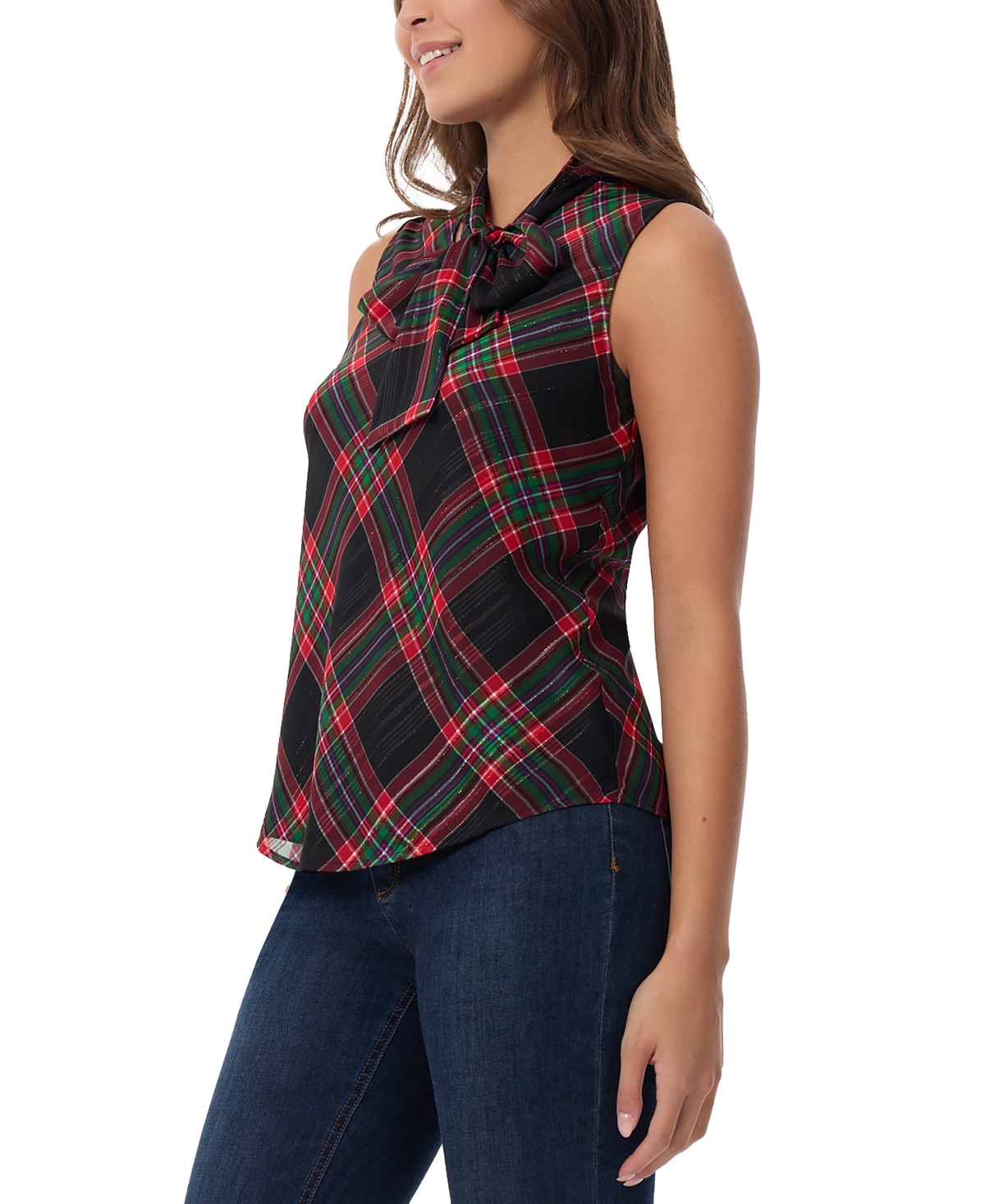 Jones New York Petite Plaid-print Bow-tie Sleeveless Top In Deep Rouge