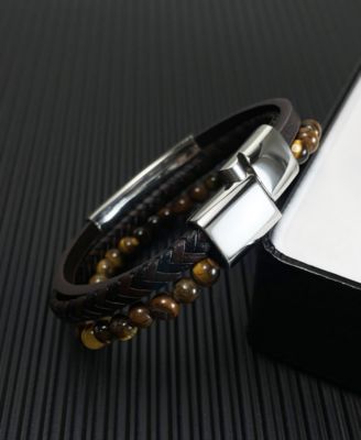 Black Tigers Eye Plated Leather Stainless Steel Bracelet