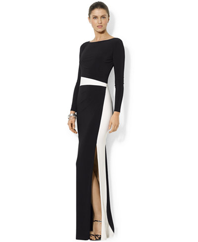 Lauren Ralph Lauren Long-Sleeve Colorblocked Gown - Dresses - Women ...