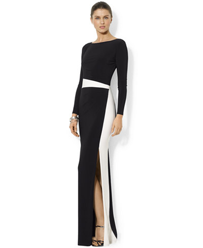 Lauren Ralph Lauren Long-Sleeve Colorblocked Gown - Dresses - Women - Macy's