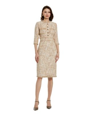 Mac Duggal Women's 3/4 Sleeve Beaded Trim Patch Pocket Midi Dress - Macy's