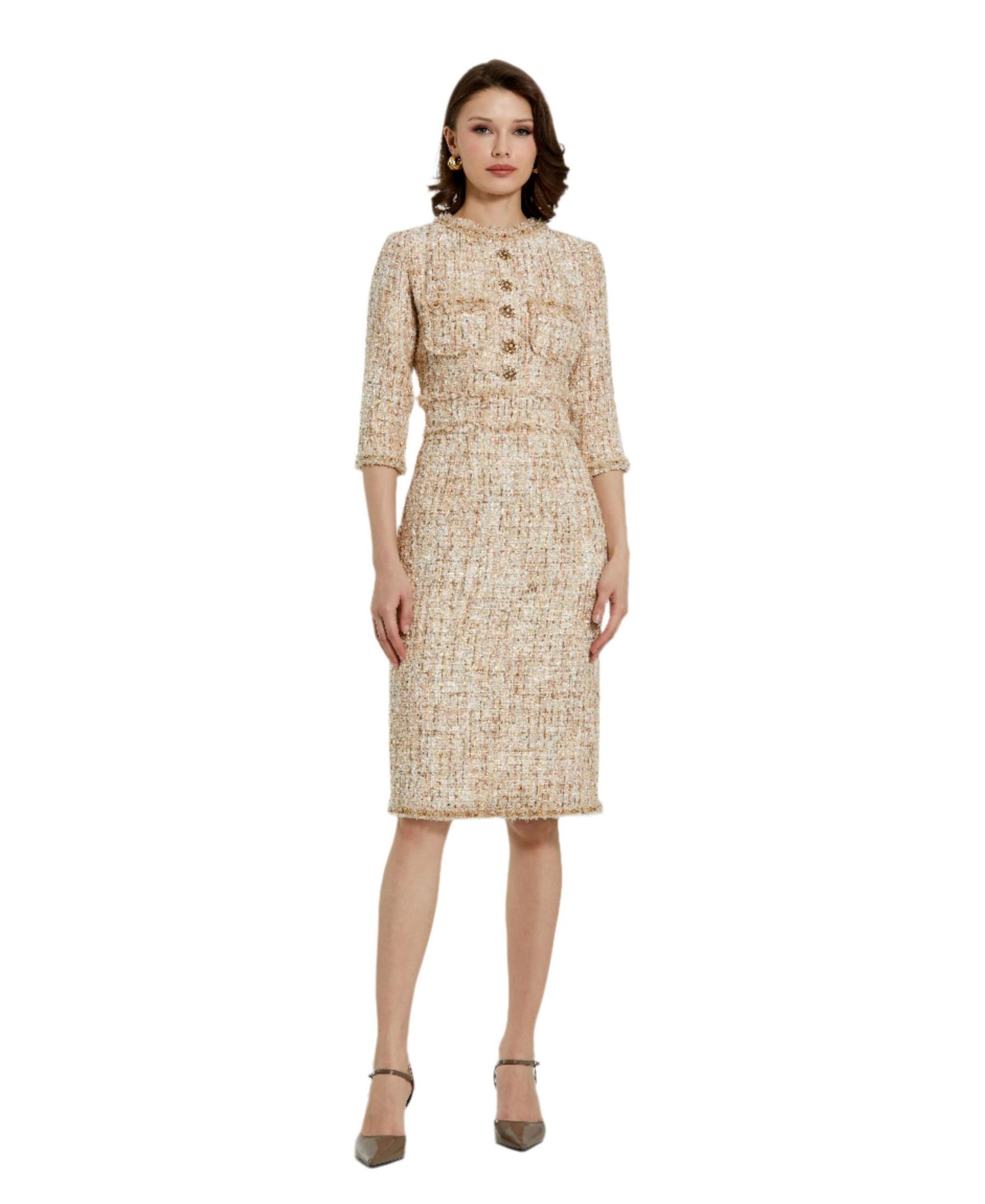 Women's 3/4 Sleeve Beaded Trim Patch Pocket Dress