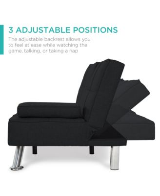 Modern Linen Convertible Futon Sofa Bed w/ Removable Armrests, Metal Legs, Cupholders
