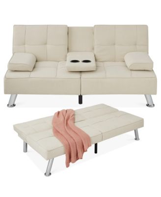 Modern Linen Convertible Futon Sofa Bed w/ Removable Armrests, Metal Legs, Cupholders